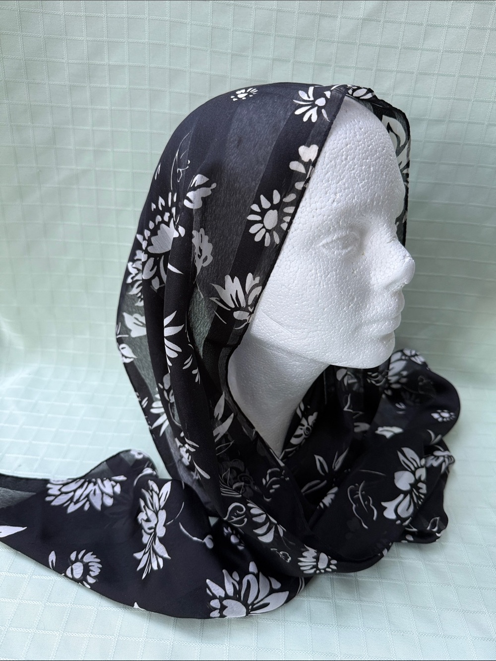Vintage Black & White Floral Lightweight Silky Scarf